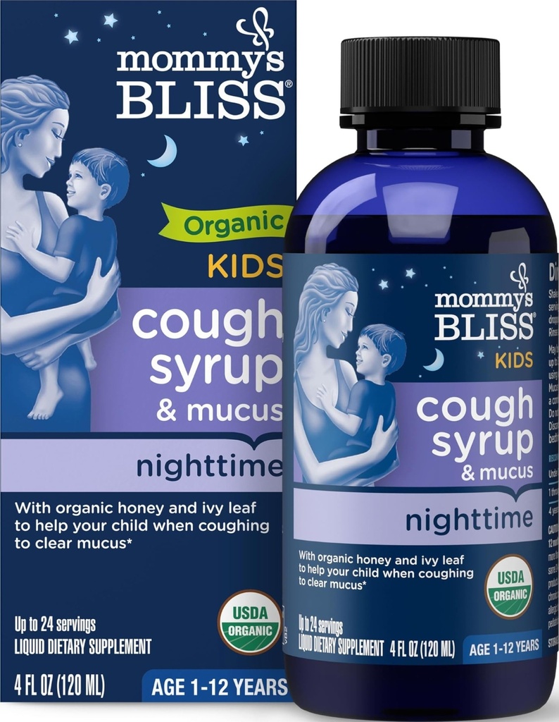 Maminčina Bliss Organic Kids Cough Syrup & Mucus Relief for Night Time, Agave & Honey, Ivy Leaf, Zinek, Vitamin C, + Bylinné Nighttime Blend, 4 Fl z