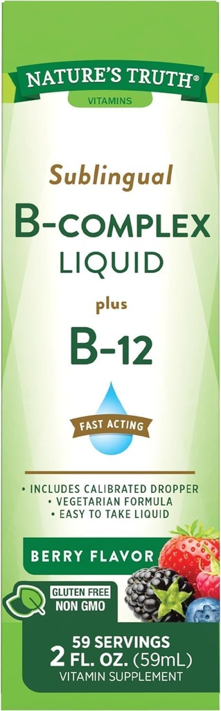 Nature 's Truth Sublingual B Complex Liquid Plus B-12 Natural Berry Flavor Liquid - 2 oz, Pack of 2