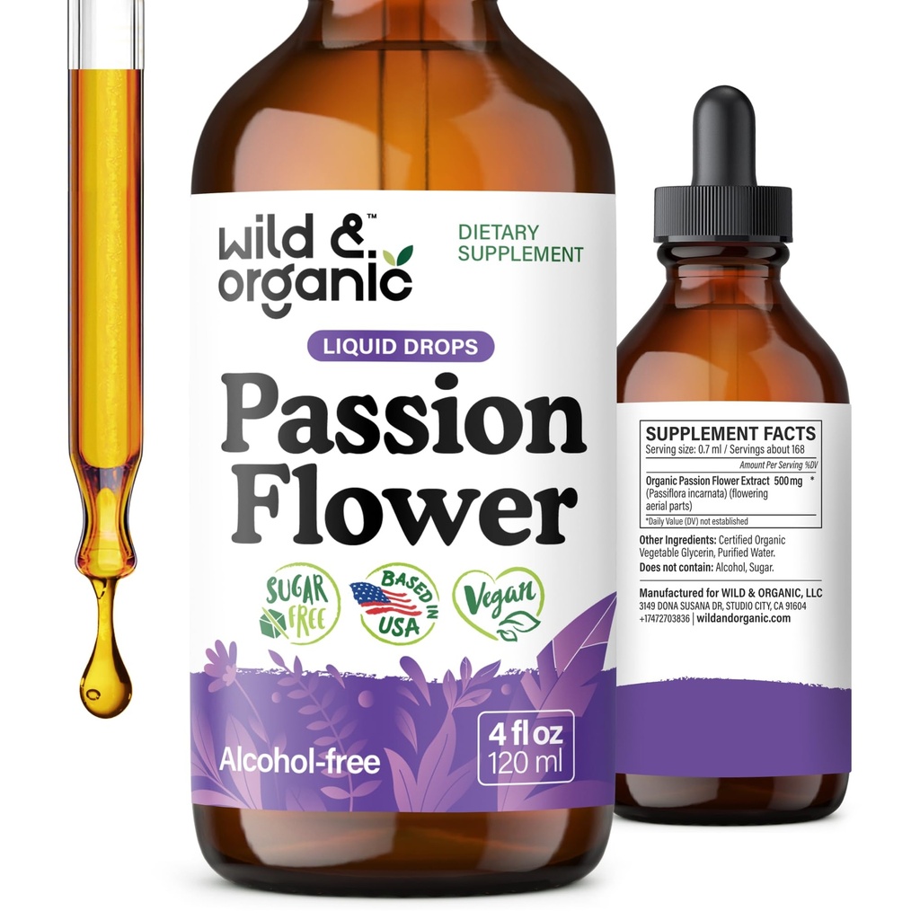 Wild & Organic Passion Flower Tincture - Mood Support - Calming Passionflower Supplement - Passiflora Incarnata Liquid Extract - Vegan, cukr & Alcohol- Free Herb Drops - 4 fl oz