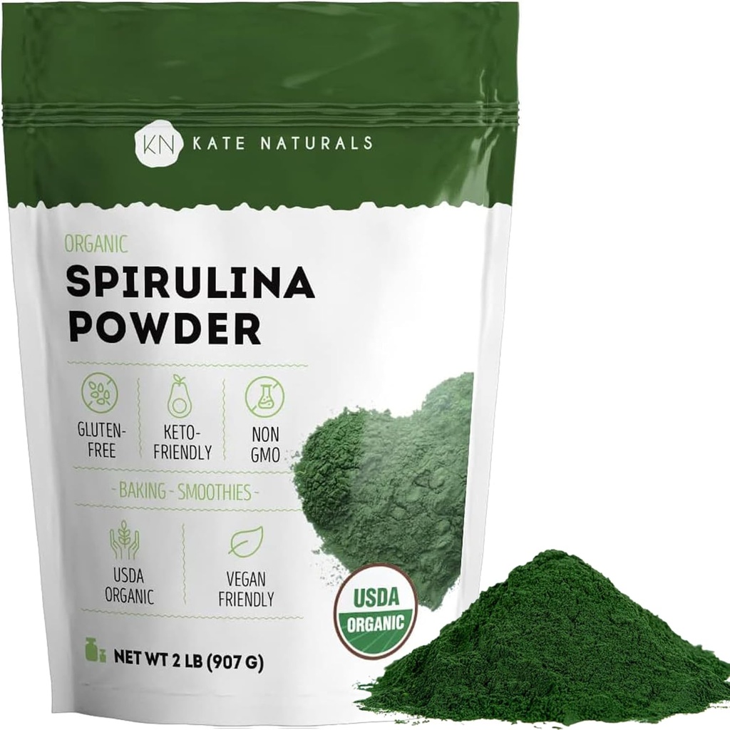 Kate Naturals Organic Spirulina Powder. Nutrient Dense Superfood for Smoothies and Juice (2 LB, USDA Certified, Non-GMO, gluten- Free)