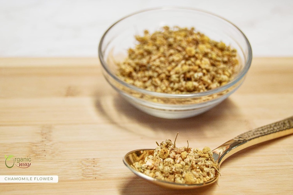 Organic Way Heamomile Flower Whole (Matricaria chamomilla) - Bylinný čaj 124; European Wild- Harvest CLANE124; Kosher & USDA Certified CLANE124; Vegan, Non- GMO & Gluten Free CLANE124; 100% syrový z Albánie (2OZ)