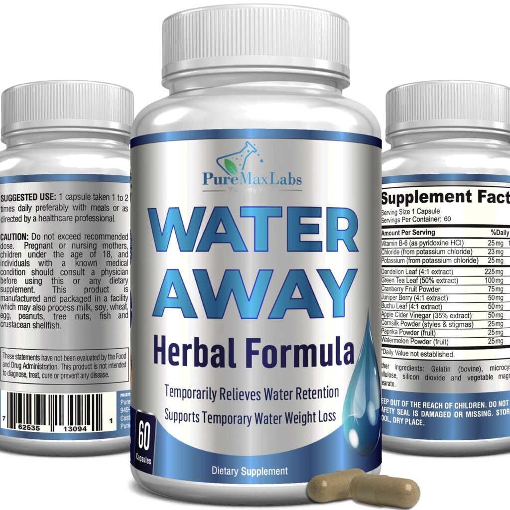 Voda Away Jemné Bylinné Diuretické - Přírodní Diuretické Vodní pilulky - Relieve Bloating, Snížení nadměrné hmotnosti vody s Pampeliška Leaf, Zelený čaj, Detox Cleanse & Močové zdraví. Non- GMO, 60 tobolek