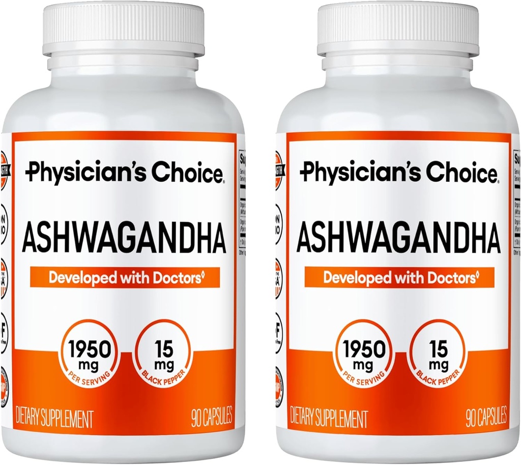 Lékařský choICE Ashwagandha 1950mg Organic Ashwagandha Root Powder with Black Pepper Extract, Stress Support, Mood Supplement, 90 Veggie Ashwagandha Kapsle - 2 PCK