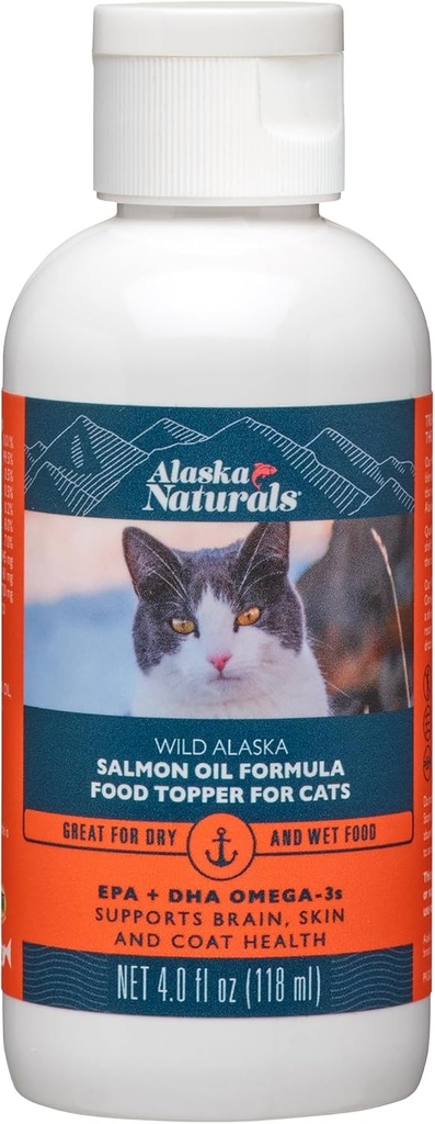 Aljaška Naturals - Wild Aljaška Salmon Oil Formule Cat Food Topper - EPA a DHA Omega33 - Doplněk pro kočky Zdravá pleť, Lesklá Coat - Made in The USA - 4 oz láhev