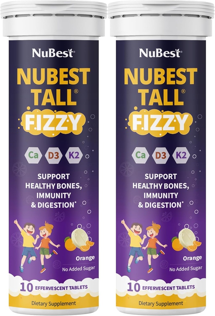 NuBest Tall Fizzy 124; síla kosti, imunita, trávicí zdraví pro děti věk 4 + & dospívající 124; Probiotický, vápník, hořčík z červených mořských řas, Vitamíny 124; 20 Orange Effervescent tablety 124; Balení 2