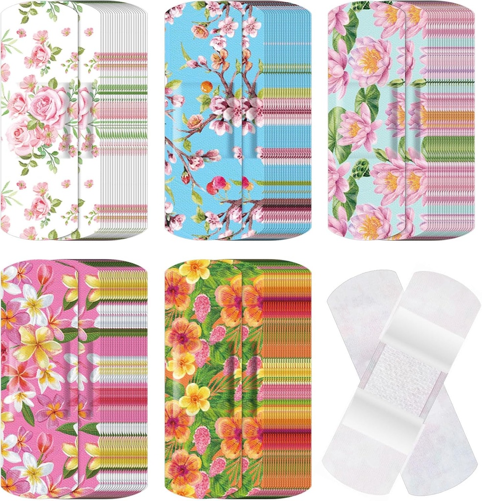 120 Pcs Fabric Adhesive Flexible Bandages Bulk Tříděné tvary a vzory malé barevné Pretty Fabric Bandages s Non Stick Pad 3 x 1 Inch pro Cuts Wound Scraps Women (Floral)