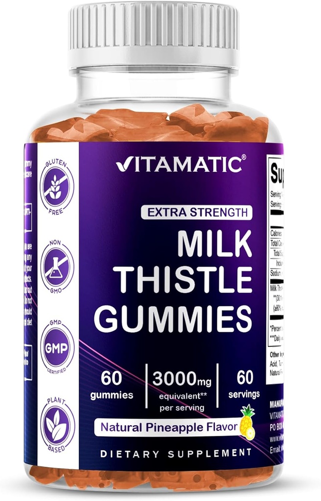 Vitamatic Milk Thistle Gummies- 10000 mg Ekvivalentní Per Serving (od 50: 1 Extract 200 mg) - Játra Detox & Anti Oxidant Health - Min. 80% Silymarin Flavonoids - 60 Pectin na bázi gumy