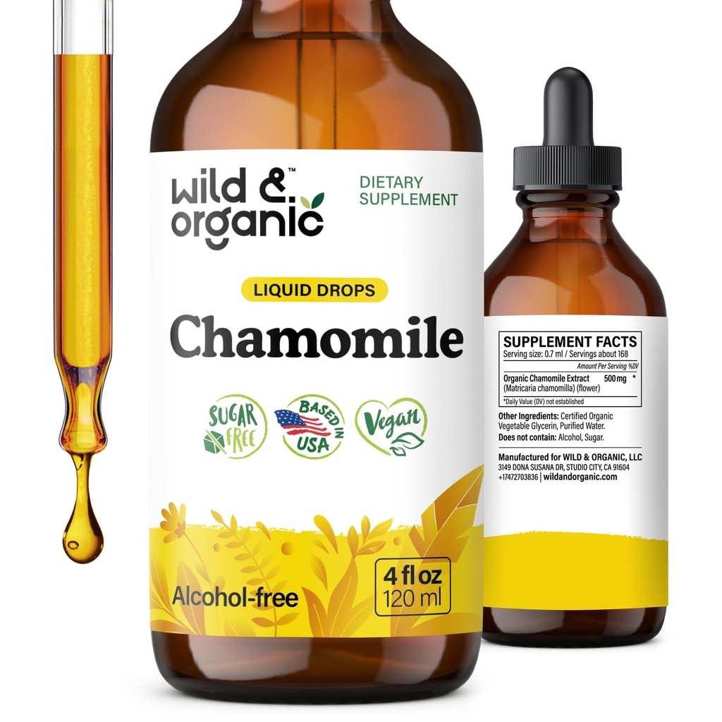 Divoké a organické heřmánkové květy Tinktura - Kompenzace pro relaxaci - Heřmánkový extrakt kapalné kapky - Vegan, cukr & Alcohol- Free - 4 fl oz
