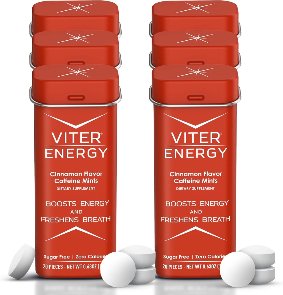 Viter Energy Caffeine Mints (120 kusů) - 40 mg kofeinu, bez cukru, Vegan, B Vitamíny Complex, Energetický dodatek kofeinové pilulky (Skořice, 6 Pack)