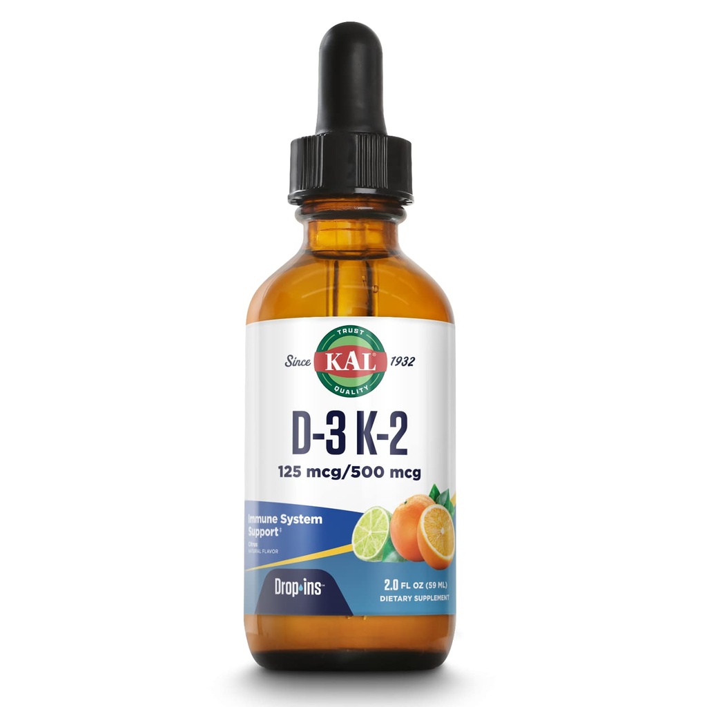 KAL D3 K2 DropIns 125 mcg / 500 mcg Tekutý vitamín D3 K2 Drops, Kostní zdraví, Zdraví srdce a imunitní podpora Dodatek, Přírodní Citrus Flavor, 60- denní záruka vrácení peněz, Cca. 59 Serv, 2 FL OZ