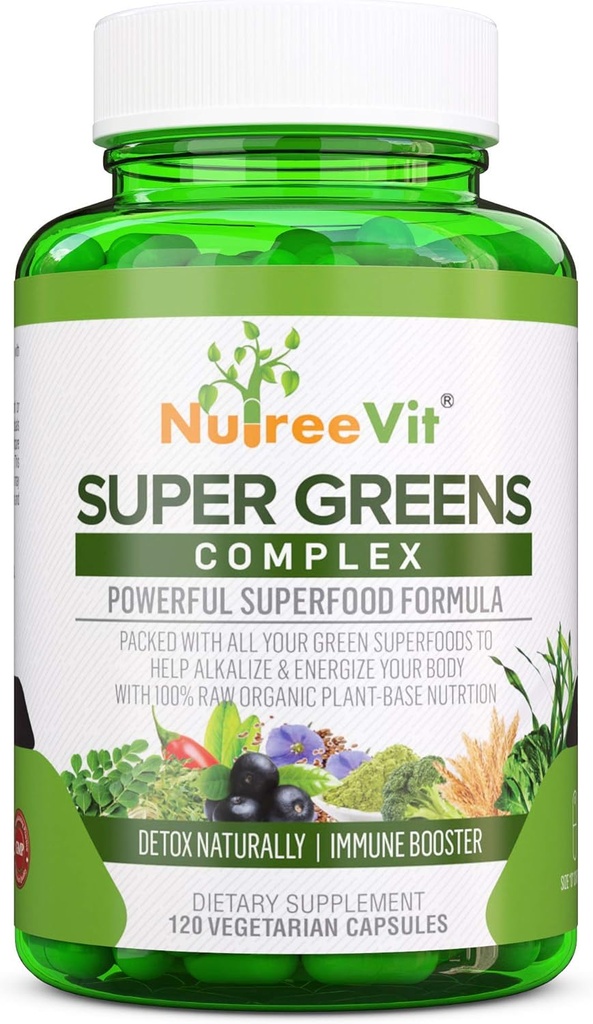 SuperGreens - Spirulina, Chlorella, Wheatgrass + More - Nutrient- Balené zelené směsi (90 Kapsle)