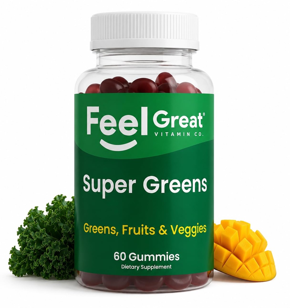 Super Zelené žvýkačky - Zelený Supplement se Špenát, Brokolice, Kale, Kořenová řepa, Elderberry pro podporu imunity - Ovoce a zeleninové doplňky - Meloun Flavor, 60 Gumy