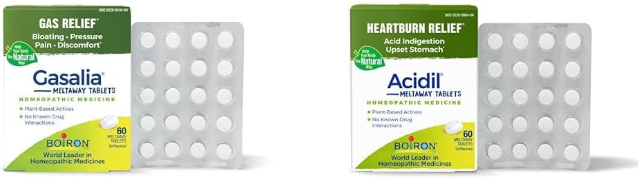 Boiron Gasalia Tablety a Acidil Tablety pro plyn, Floating, acid Reflux, Heartburn, Požití, a Upset Stomach Relief - 60 Počet každý