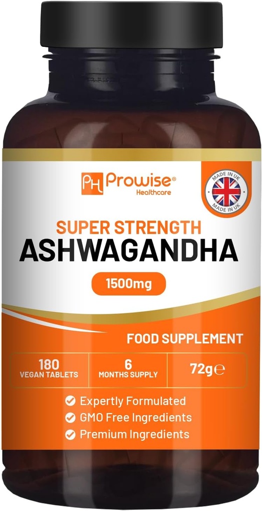 Ashwagandha 1500mg 180 Veganských tablet CLAS124; 6 měsíčních dodávek CLAS124; Čistá vysoká síla Ashwagandha Root Extract CLAS124; Made in UK by Prowise Healthcare
