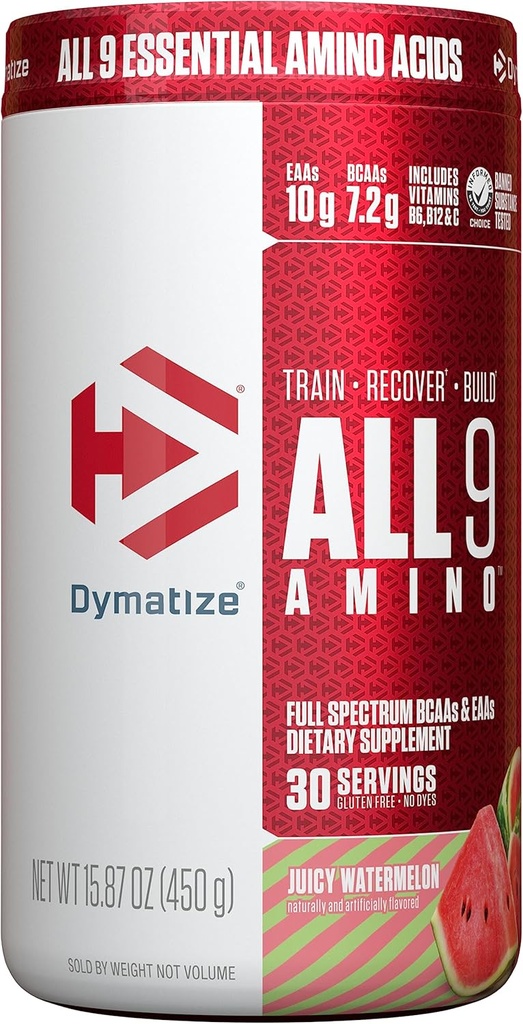 Dymatize All9 Amino, 7.2g BCAA, 10g esenciálních aminokyselin plného spektru per sloužící k zotavení a optimální proteinové syntézy, šťavnatý meloun, 30 Služeb, 15.87 Ounce