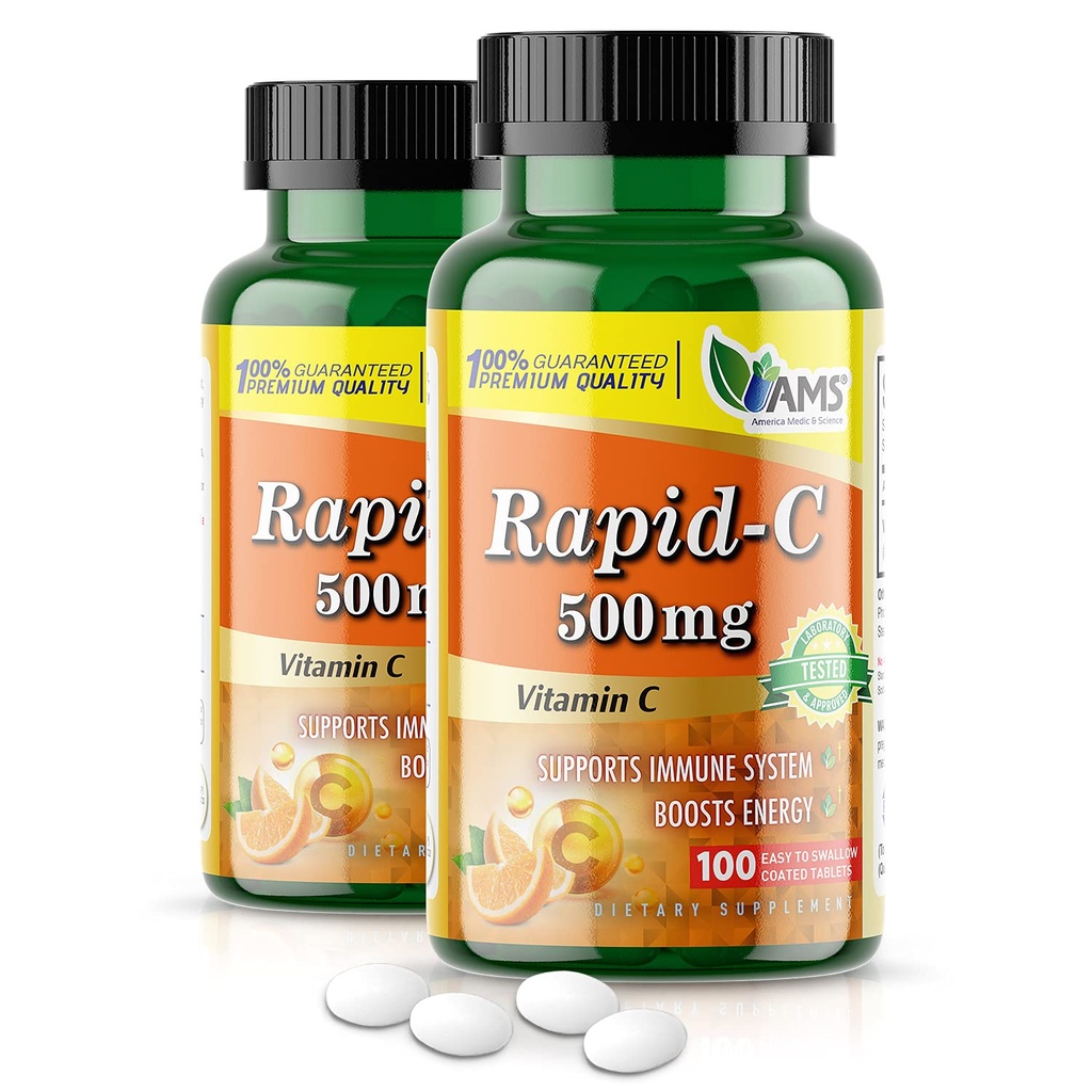 America Medic & Science Rapid-C 500mg vitamin C dodatek (2 balení 100 tablet) Energy Booster, Denní imunitní systém Podpora, Antioxidant current124; Vegan, Non- GMO potažený askorbická kyselina pro dospělé muže a ženy