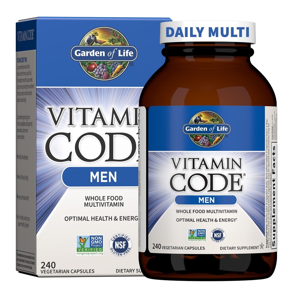 Zahrada života Vitamin Kód Celé jídlo Multivitamin pro muže - 240 Kapsle, Vitamíny pro muže, Ovoce Veggie Blend a Probiotika pro energii, Srdce, Prostate Health, Vegetariánské Muži Multivitamíny