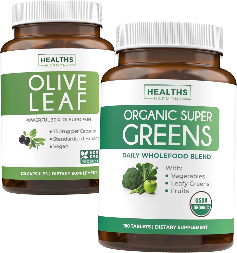 Olive Leaf Extract & Organic Super Green (4- Month Supply) Pure Plant Power Bundle of Olive Leaf Extract (120 Kapsle) Super Strength & Organic Super Green (180 Tabets) Organic Superfood