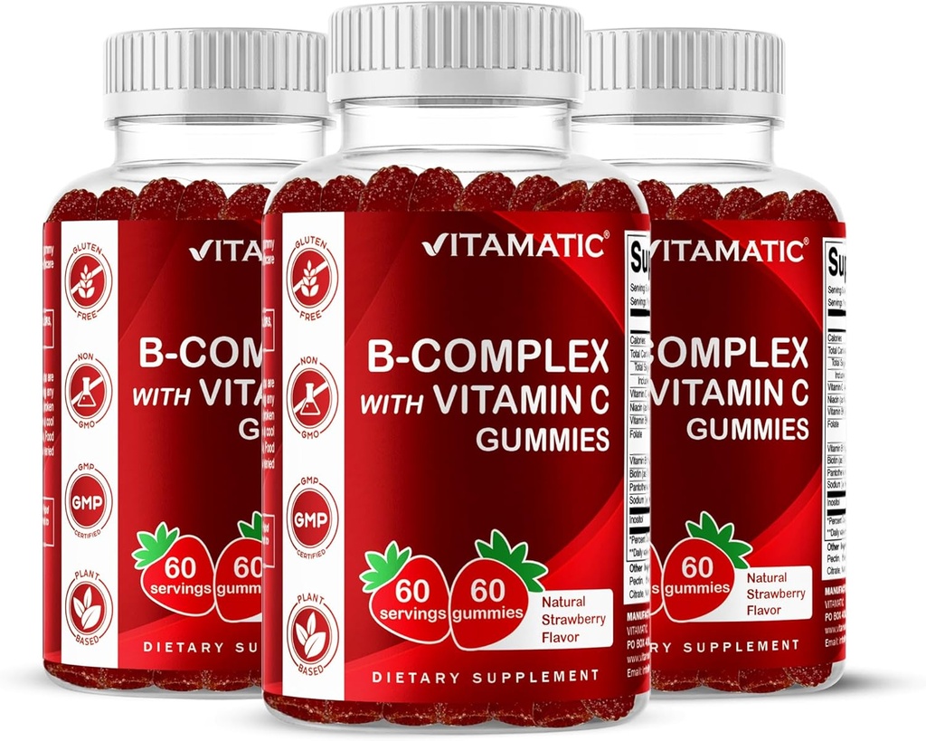 Vitamatické vitamíny B Komplexní gumy s vitaminem C & Inositol - Přírodní jahodové aroma - 60 gumové (3 lahve)