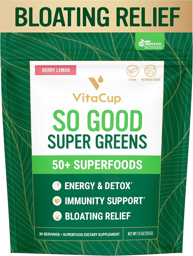 VitaCup So Good Super Green Powder w / 50 + Premium Superfoods, Zvýšení energie, Detox, Imunita w / Probiotika, Prebiotika, Vlákna, Antioxidanty, Adaptogeny, Spirulina, Berry Lemon, 30 Služeb