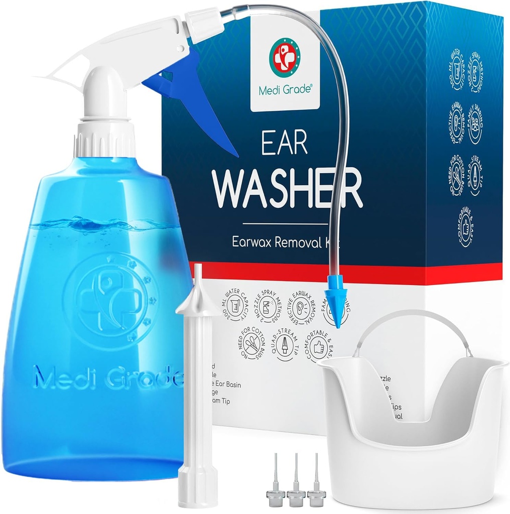 Ušní čisticí sada Medi Clarity včetně čisticí lahve na uši, Basin s Quad- Stream hrotem - Odstranění Earwax Kit pro zlepšení jasnosti sluchu - Odstranění uší Wax nástroj pro vlhký sluch