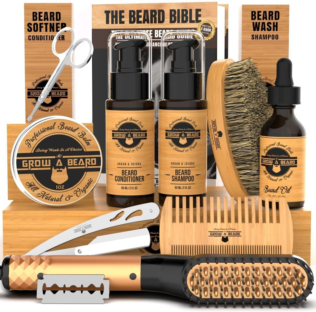 Beard Straightener Grooming Kit pro muže, Beard Growth Kit, Wash, Brush & Comb, Nevoňavý růstový olej, Všechny přírodní Chanel Balm, Conditioner, Razor & Nohy, Velký dárek nápady pro muže (Bamboo)