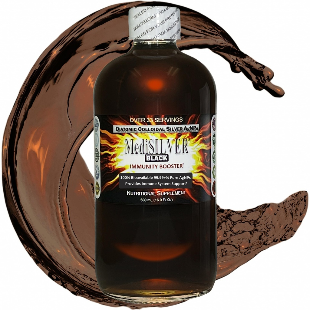 MediSILVER Black Imunity Booster Diatomic True Koloidní Silver AgNP Nutrient - 500 ml v čiré skleněné lahvičce