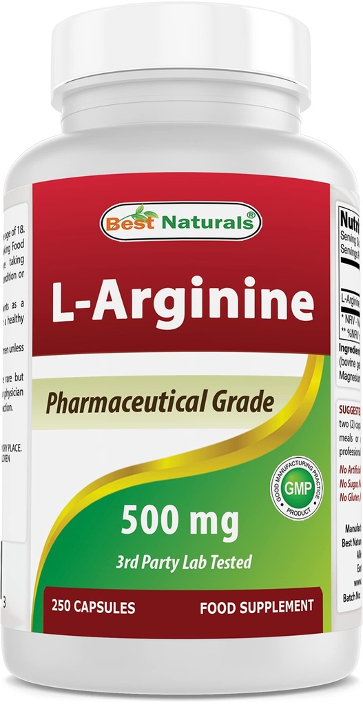 Nejlepší Naturals L- Arginin 500mg 250 Kapsle - Farmaceutické Stupeň L Arginin doplněk podporuje syntézu oxidu dusnatého