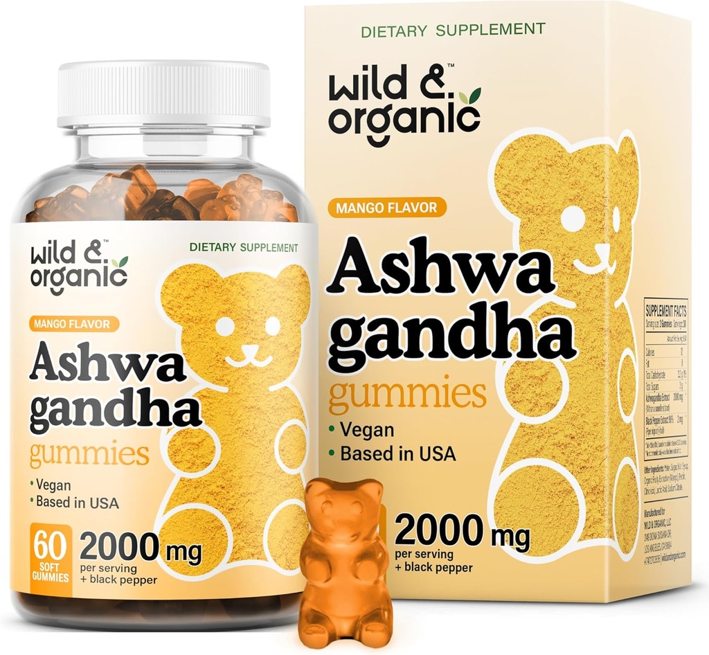 Wild & Organic Ashwagandha Gummies 2000mg - Návnada Supplement w / Ashwagandha Root Extra Strength - Přírodní doplňky klid Gummies - 60 Vegan, Non- GMO Chews