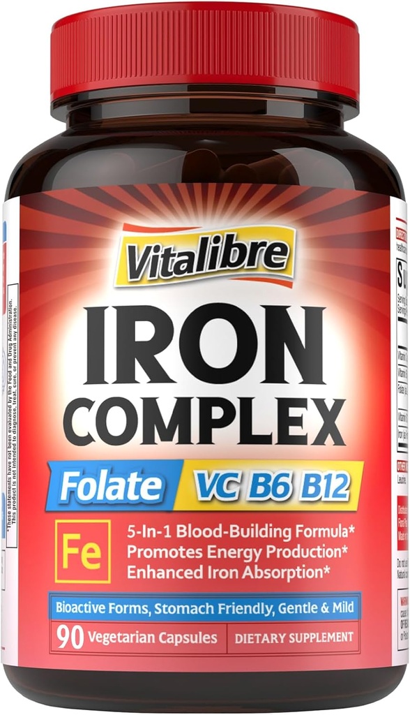 Železo doplněk pro ženy a muže, s vitaminy C, B6, B12 & Folát pro nedostatek železa, Krevní budova a energetická podpora, Žaludek Friendly, Lepší absorpce, Non-GMO, No Gluten, 90 Vegan Caps