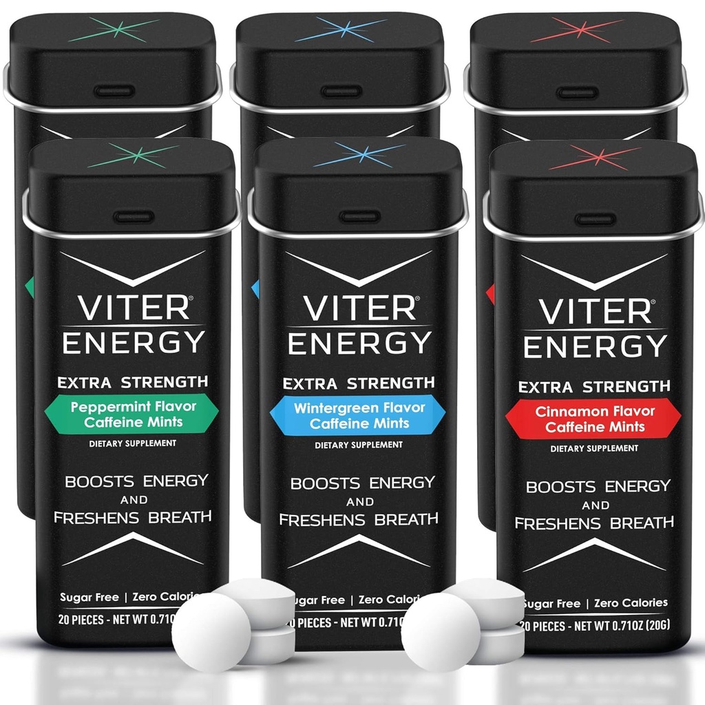 Viter Energy Extra Strength Caffeinated Mints 80mg Caffeine, B Vitamíny, Cukr zdarma. (Variety, 20ks, 6 Pack)