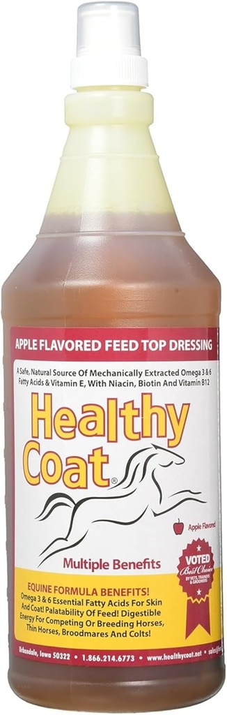 HealthyCoat Horse Supplement 32 oz - All- Natural Omega 3 & 6 Feed Top- Šaty pro lesklé kabáty, Zdravá pleť, Hooves & Sponky - Opevněné s Biotin, B12, Lecithin & Vitamin E - Apple Flavor