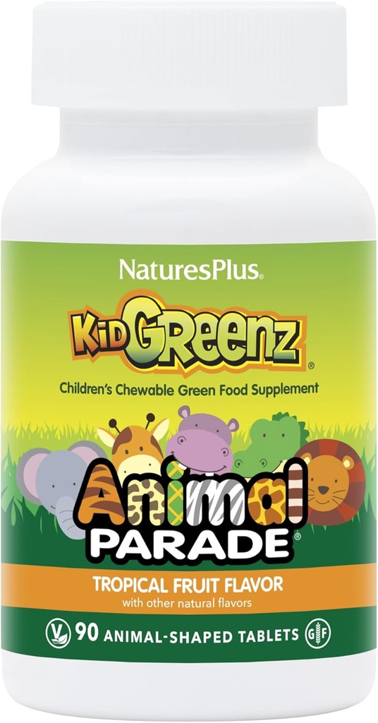NaturesPlus Animal Parade KidGreenz, Tropical Fruit Flavor - 90 Animal- Shaped, Žvýkací tablety - Balení po 2 - s brokolicí a špenátem - Vegetariánské, Gluten zdarma - 180 Celkem Služební