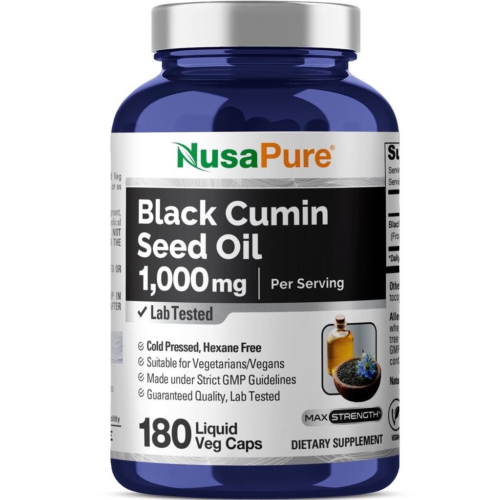 NusaPure Black Seed Oil 1 000 mg / Serving 180 Softgel Kapsle (Non- GMO, Vegetarian) Bez hexanu