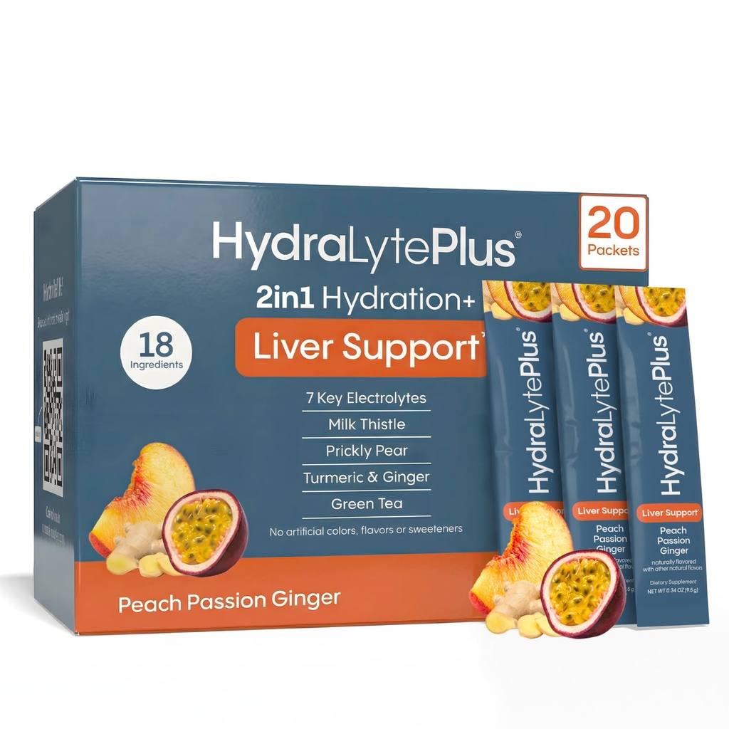 Hydralytová jaterní podpora + Electrolyte Mix s mléčným bodlákem, kurkuma, zázvor, pikantní hruška, extrakt ze zeleného čaje připravený pro rychlou rehydrataci (Peach Passion Ginger, 20 Packets)