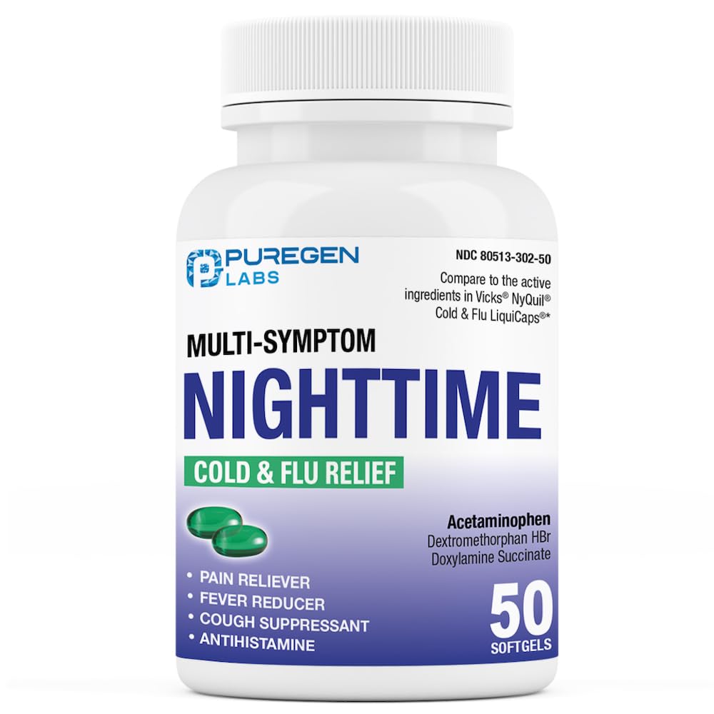 Puregen Labs Nighttime Cold and Flu Relief Medicine CLAS124; 50 Softgel Liquid Capsules CLAS124; Napomáhá Relieve Sore Throat, Cough, Fever, Heaches, Runny Nose, Congestion a Aches CLAS124; Value Pack