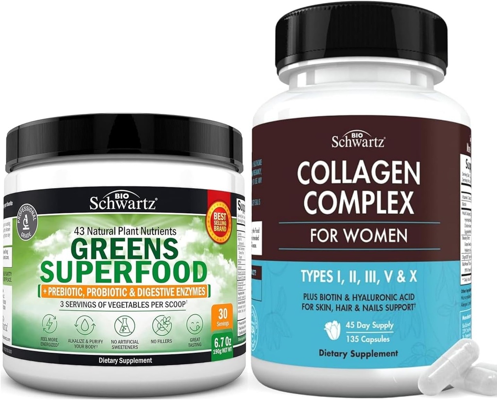 Super Zelený prášek s Probiotika Prebiotika a trávicí enzymy (30 Servings) Plus Hydrolyzované kolagen Peptide Kapsle (45 denní zásoba)
