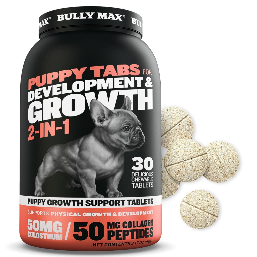 Bully Max 2-in-1 Puppy Vitamíny - 30 Žvýkací tablety pro vývoj a růst štěňat - Psí léčby, vitamíny a doplňky pro malé psy & Velká plemena Rostlá mláďata - lze použít jako potravinový topper