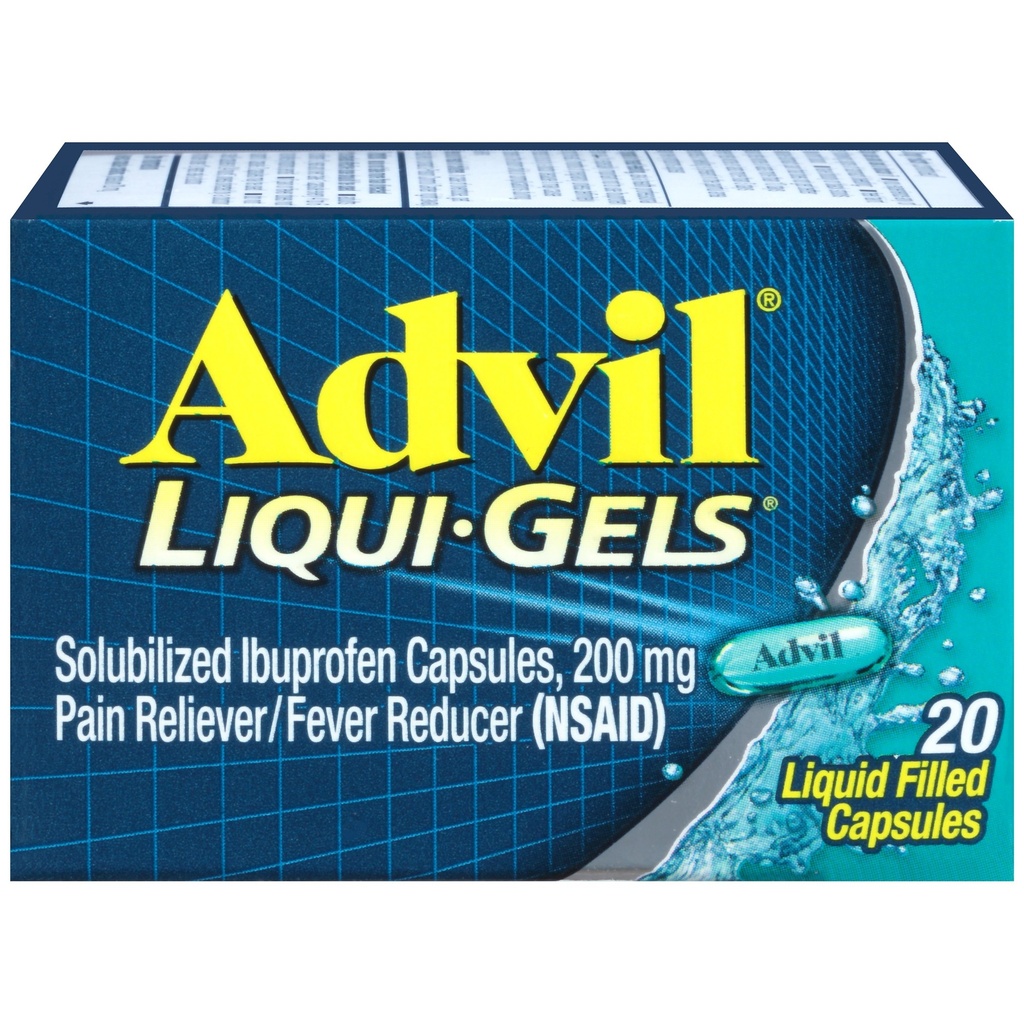Advil Liqui- Gels Pain Reliever and Fever Reducer, Pain Medicine pro dospělé s Ibuprofen 200mg pro bolest hlavy, záda, menstruační bolest a kloubní bolest - 20 tekuté plněné kapsle
