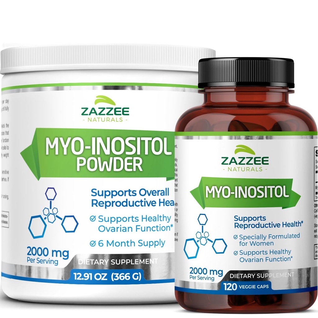 Zazzee Myo-Inositol Kapsle a Myo-Inositol Prášek, 100% čistý, Premium stupeň, Vegan, Non- GMO a všechny přírodní