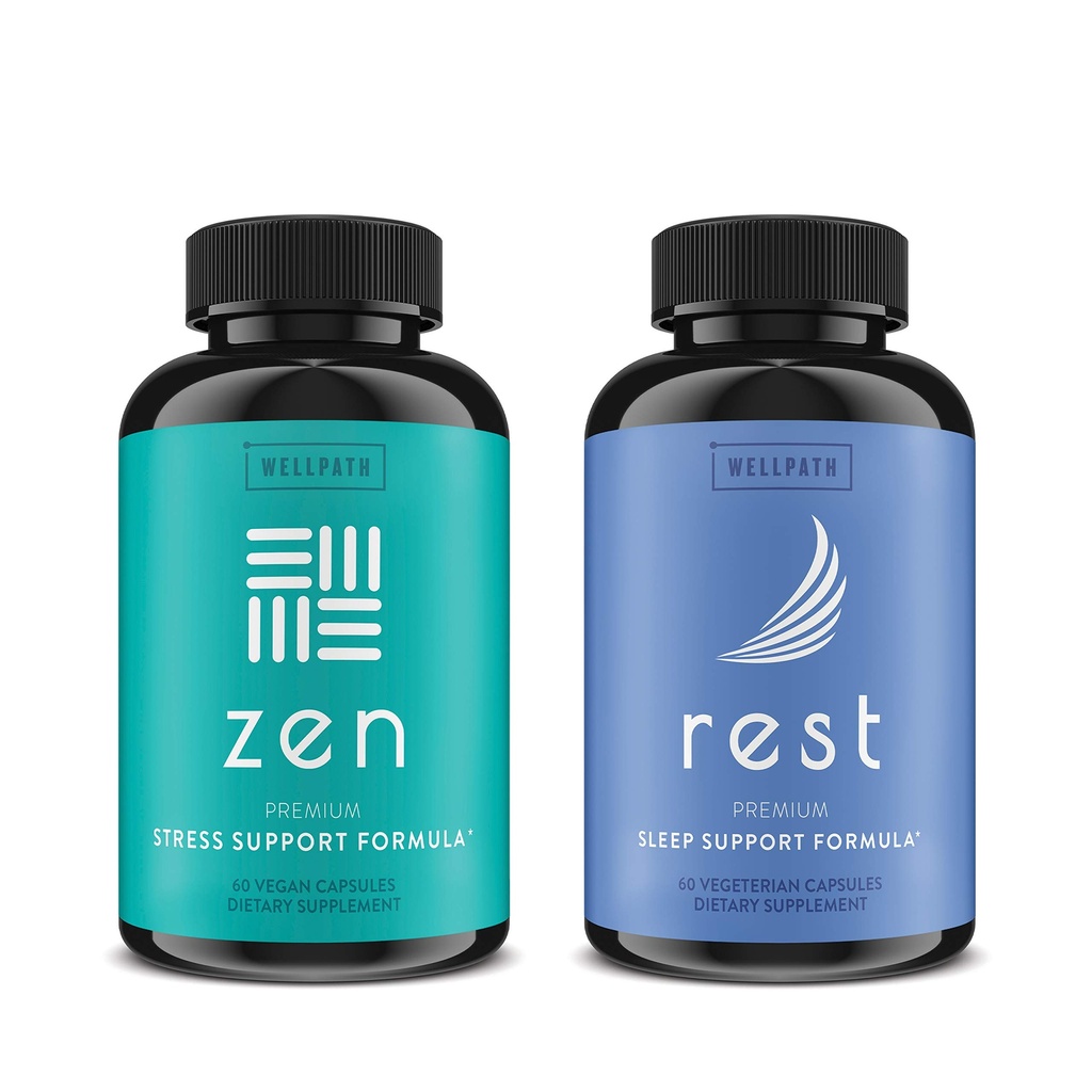 WellPath Zen Mood Support + Rest Valerian Root Sleep Aid Supplements 2 Pack - Ultimate Kombinace pro klidnou náladu, Energy & Natural Sleep Support - L- Theanin & Other Natural Ingredients - 60 Cts Každý