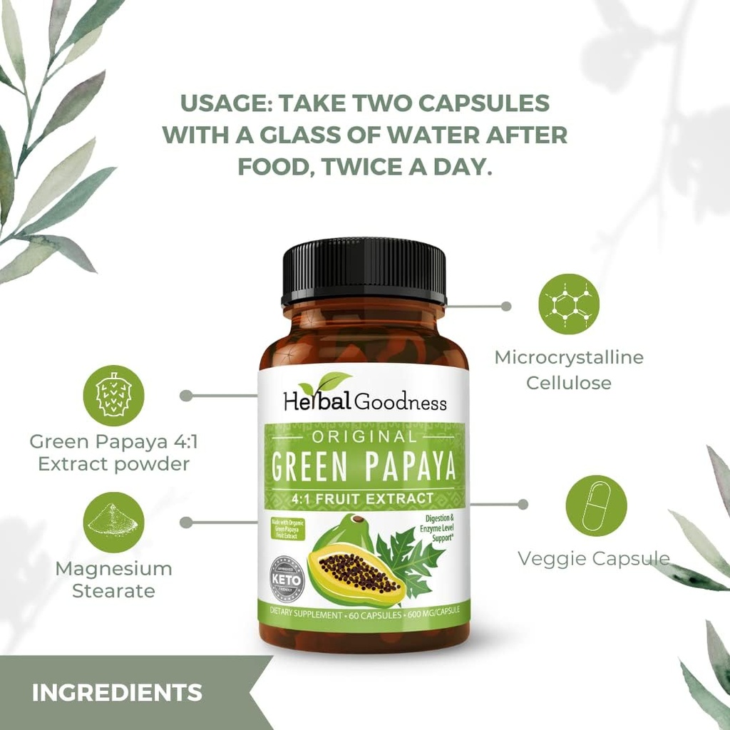 Zelená Papaya Kapsle 4X Síla, Organic Papaya Leaf & Fruit Extract pro destičky, Digestivní zdraví, Enzymy, Probiotika, Antioxidanty - 600mg, 60 Kapsle, Případ 12 - Bylinné dobro