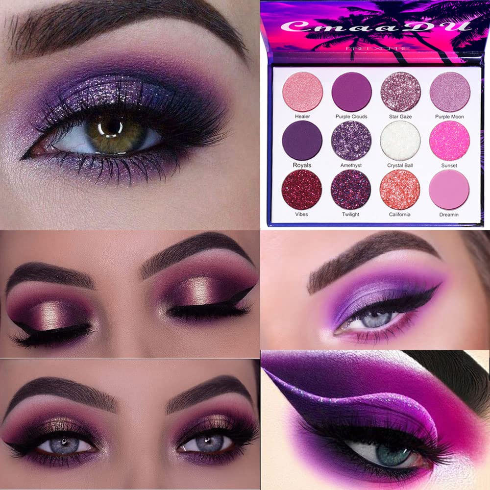 BINGBRUSH 12 Barvy třpytky fialové růžové Levný oční stíny make-up paleta, Bright High Pigmented Metallic Shimmer Rainbow Barevné vytlačené oční stíny make-up set pro dívky