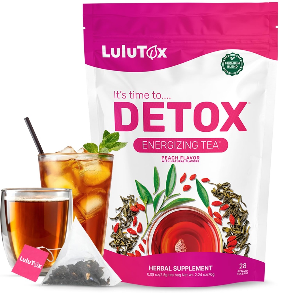 LULUTOX Detox čaj - zeštíhlující čaj s pampeliška a ženšen na podporu cílů pro detox čištění, ploché břicho, nadýmání, zdravé hmotnosti a stravovací zdraví - ženy & muži - Broskvový příchutí (28 Služeb)
