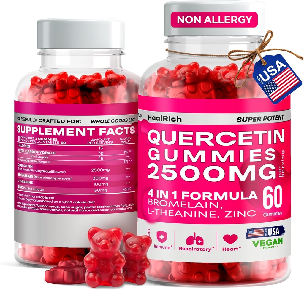 Quercetin Gummies - 2500MG Quercetin s Bromelain L-theanin & Zinek - Čistý dodatek pro imunitní systém Lung a alergie podpora - Imunity Booster Vegan doplňky pro děti a dospělé - Vyrobeno v USA