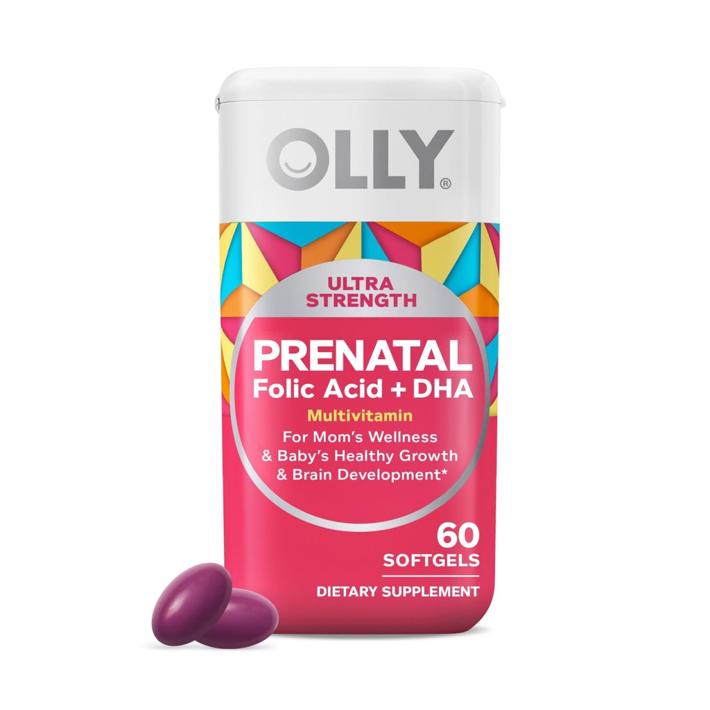 OLLY Ultra síla Prenatal Multivitamin Softgels, Podporuje zdravý růst, Vývoj mozku, Železo, kyselina listová, DHA, Vitamíny C, E, 30 den Supply- 60 Počet