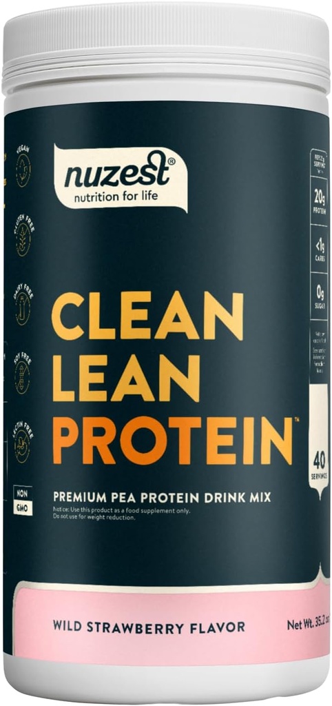 Nuzest - Pea Protein Powder - Clean Lean Protein, Premium Vegan Plant Based Protein Powder, Dairy Free, Gluten Free, GMO Free, přirozeně slazené, Wild Strawberry, 40 Služeb, 2,2 lb