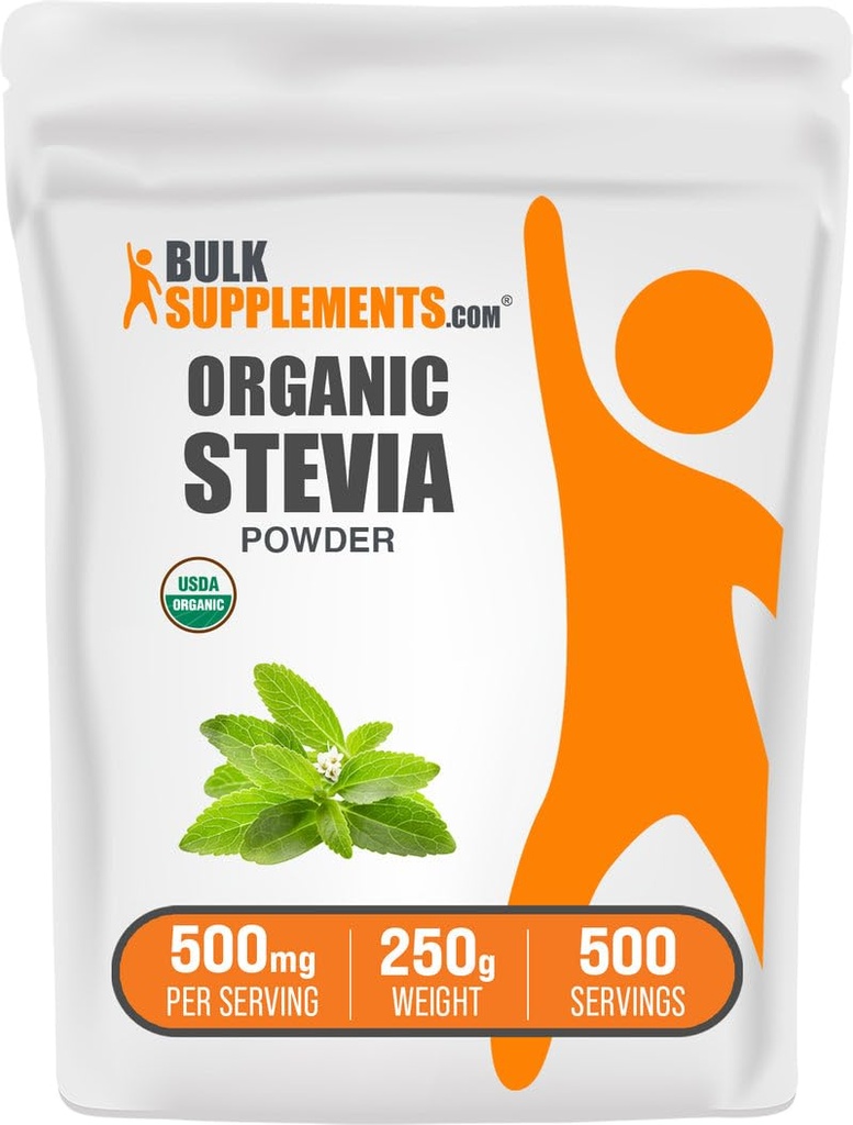 Bulksupplements.com Organic Stevia Powder - čistý Sweettener, Sourced from Stevia Leaves, Bylinný dodatek - Vegan & gluten Free, 500mg per Serving, 250g (8.8 oz) (Balení po 1)