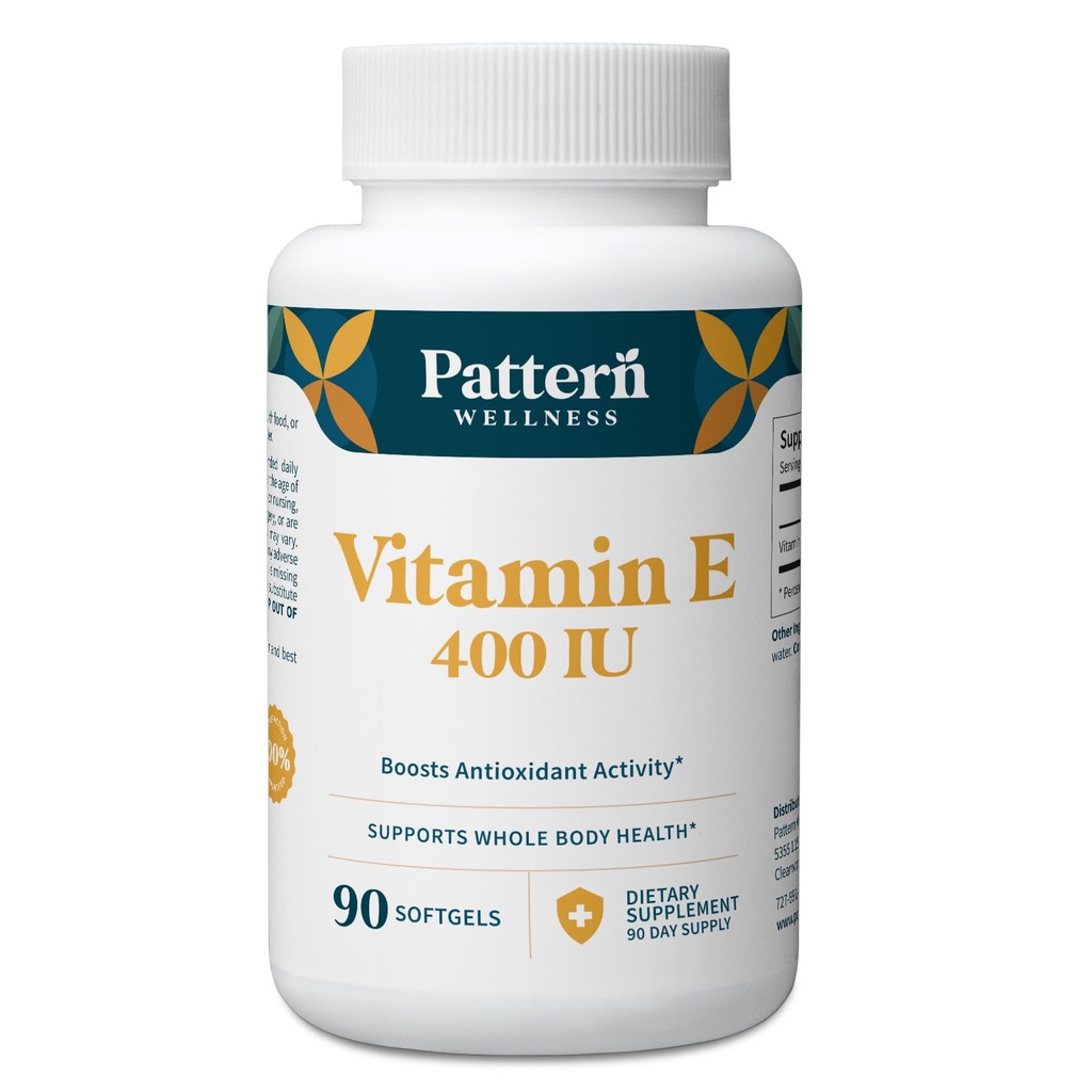 Pattern Wellness Vitamin E 400 IU Doplněk - Zvýšení aktivity antioxidantů - Podporuje zdraví celého těla - Boj proti buněčné škodě - Test z laboratoře 3. strany - 90 měkkých gelů