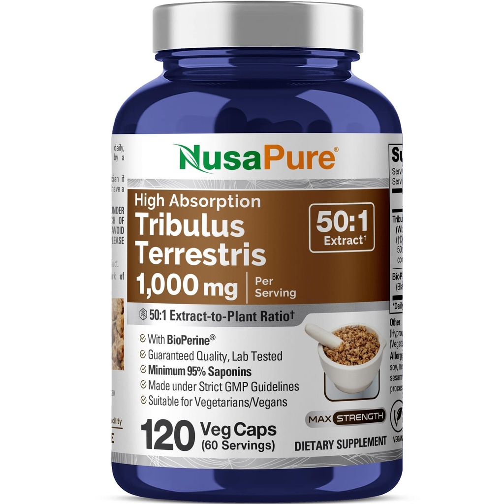 NusaPure Tribulus Terrestris 50: 1 Extract, 1000 mg Ekvivalentní k 50,000mg CLAS124; 120 Veggie Caps CLAS124; 95% steroidní saponiny CLAS124; Non- GMO, bioperine